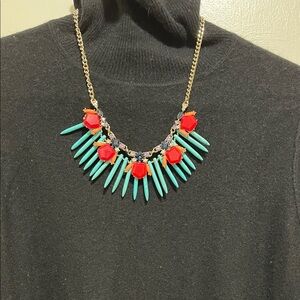 LOFT Faux Turquoise, Sapphire Rhinestone, and Coral Statement Necklace 20”